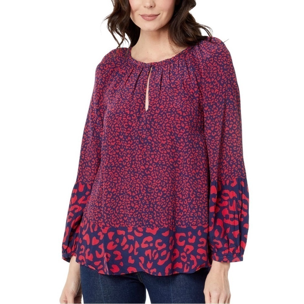 Vineyard Vines navy blue red Falling for Leopard blouse animal top tunic small
